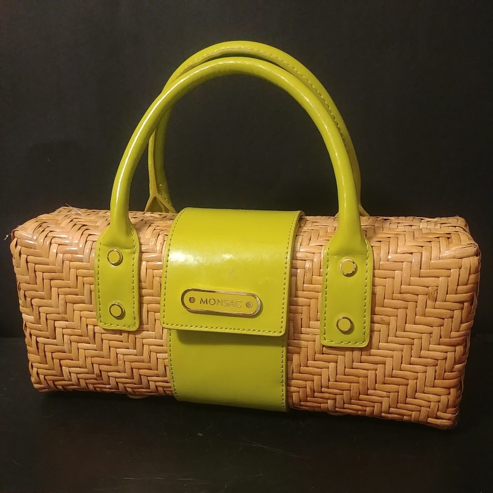 Monsac Original Straw Wicker Lime Green Coated Leather Trim Boxy Purse Bag